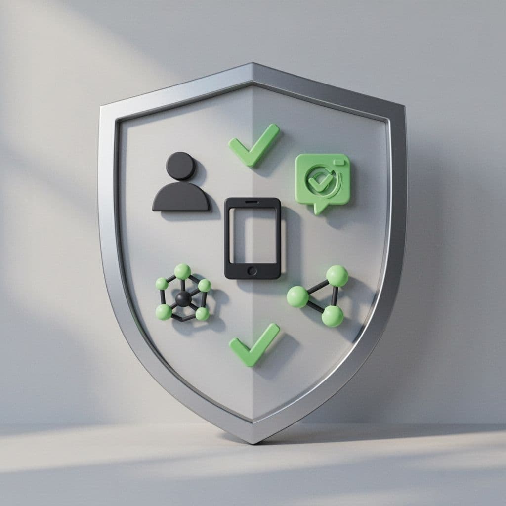 Shield encompasses user, device, app, and network icons with green verification checks.