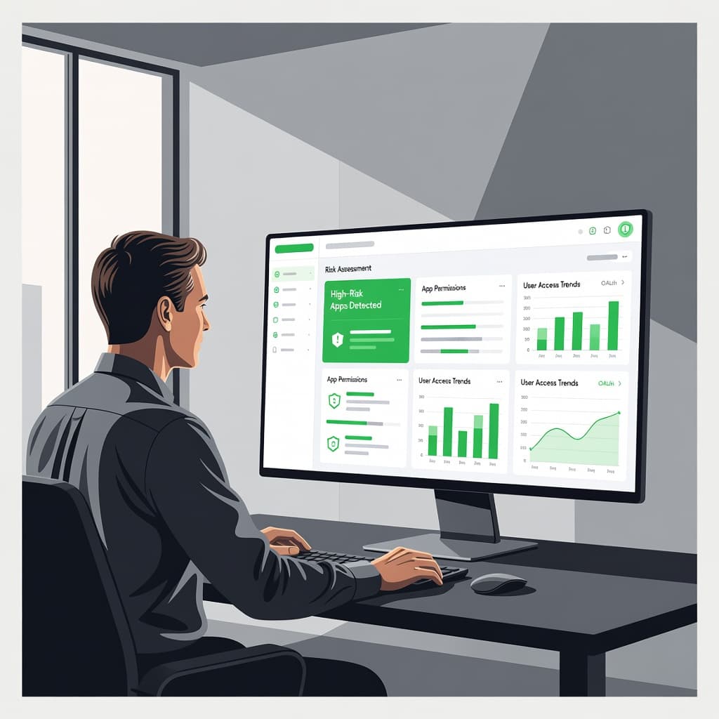 A professional administrator sits at a terminal studying a digital security interface. The clean, modern workspace features vibrant green accent lighting that highlights critical data points on the computer screen.