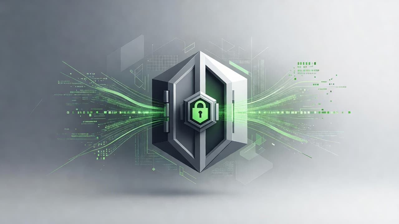A minimalist digital vault glows with vibrant green accents against a dark gray backdrop. Glowing data streams flow toward the central locking mechanism, illustrating a secure and modern cloud storage environment.