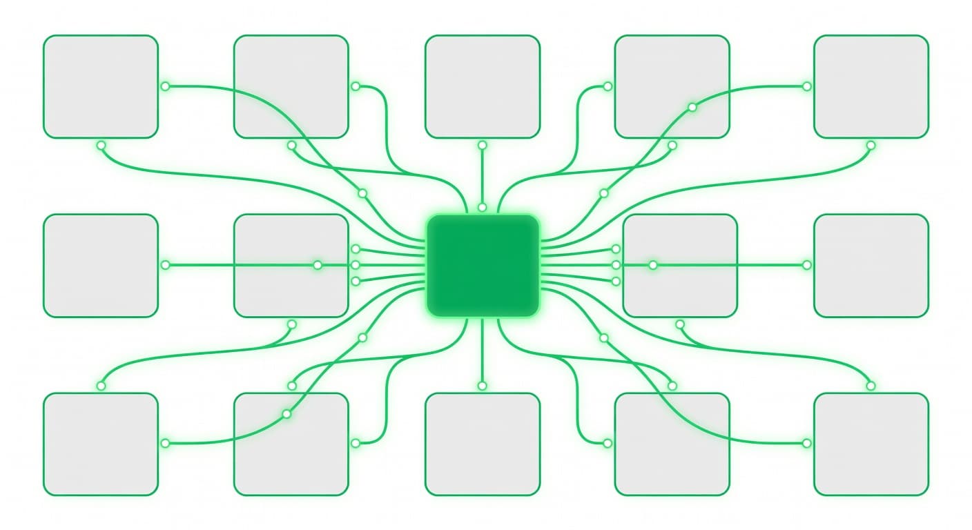 A minimalist digital illustration featuring interconnected nodes and abstract shields representing cloud accounts. Crisp lines and bold green accents highlight secure data pathways against a stark, clean white background environment.