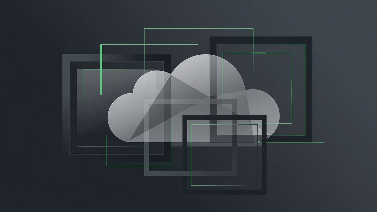Abstract digital layers in deep charcoal and gray tones represent a secure network architecture. Bright green accents highlight protected nodes and data flow paths within the minimalist virtual cloud environment.