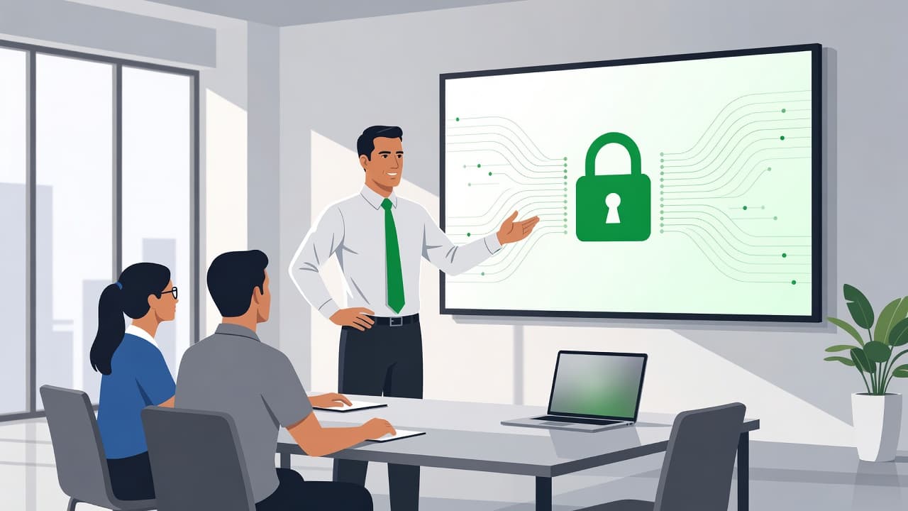A professional team leader points toward a large screen while explaining data protocols to attentive colleagues. Bright green accents highlight secure interface elements in this modern, clean office training session.