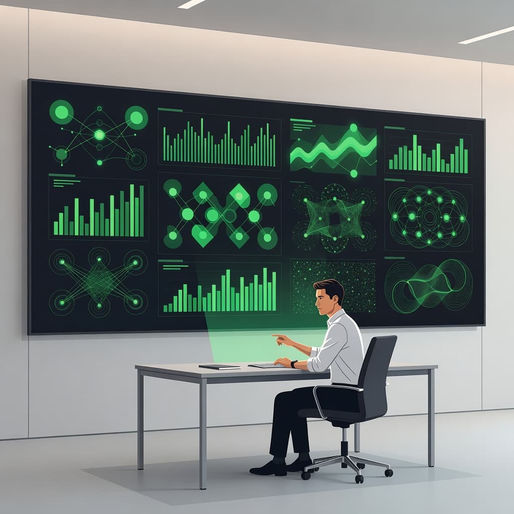 A focused professional sits at a clean desk, observing a large wall-mounted monitor covered in complex green data visualizations. The modern workspace uses vibrant green accents to represent active system security.