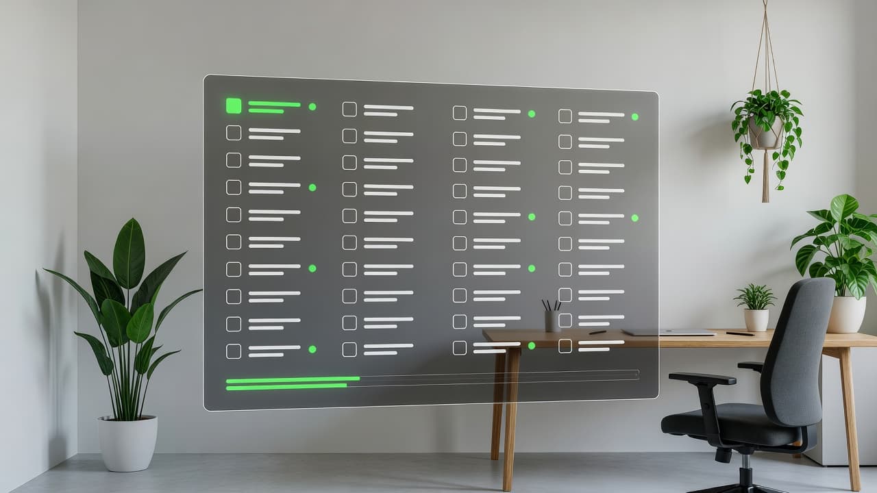 A floating transparent screen displays a glowing digital checklist within a minimalist design studio. The workspace features soft ambient light and vibrant green accents that highlight the professional organizing tools.