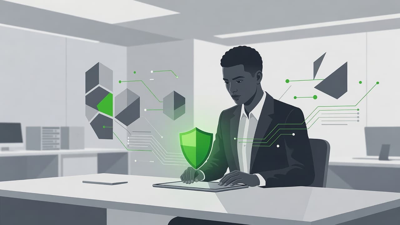 A professional examines a floating glowing green shield icon amidst abstract data permission visualizations. The minimalist office scene utilizes clean gray tones and vibrant leaf-green accents against a white background.