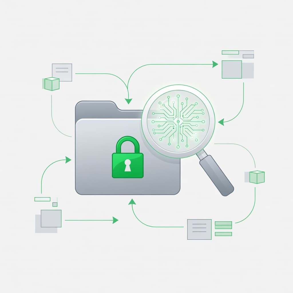 A stylized digital folder icon sits centered next to a sleek magnifying glass, representing a professional review process. The design features clean geometric shapes with vibrant green accents against a neutral background.