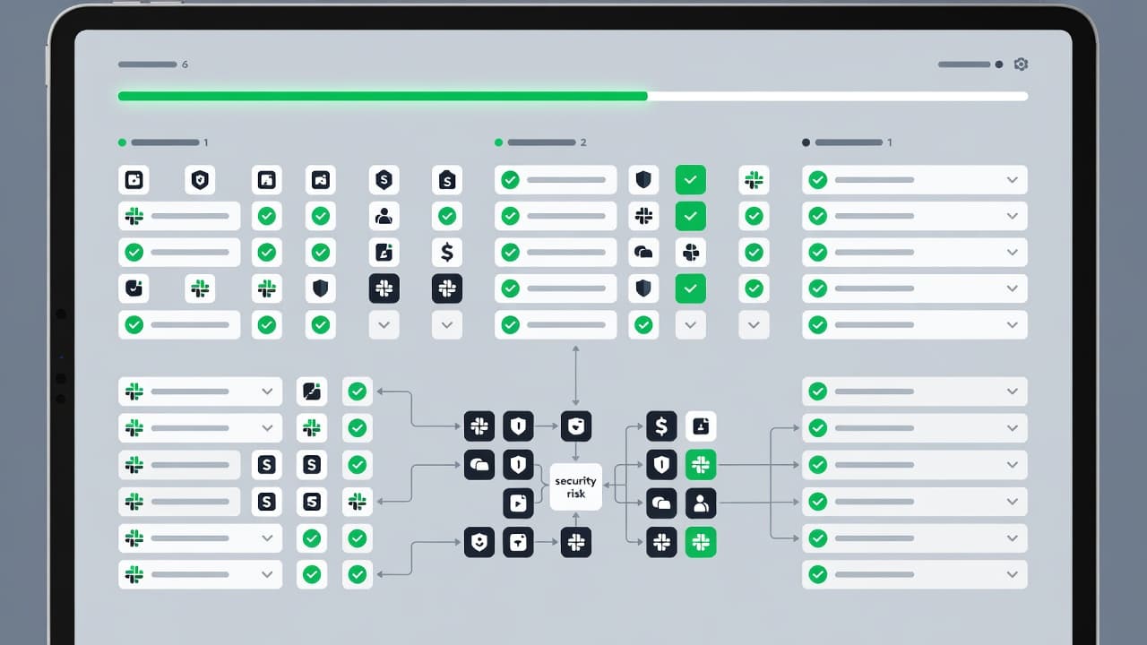 A sleek tablet screen displays a minimalist dashboard featuring app icons next to green checkmarks. These graphical symbols represent a systematic security audit process against a clean, professional grey background interface.