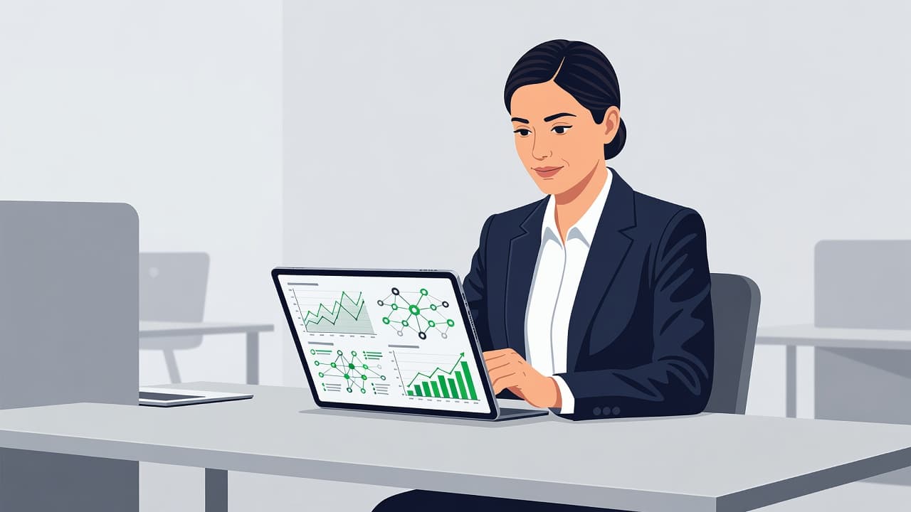 A focused professional interacts with vibrant green digital security charts displayed on a sleek tablet screen. The minimalist desk setup emphasizes a clean, organized, and secure corporate workspace environment for data.