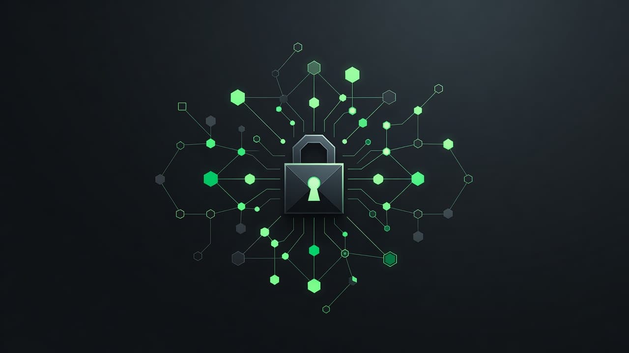 A sleek digital lock icon sits at the center, surrounded by glowing nodes connected by fine lines. The composition uses deep charcoal backgrounds contrasted by vibrant neon green data streams.