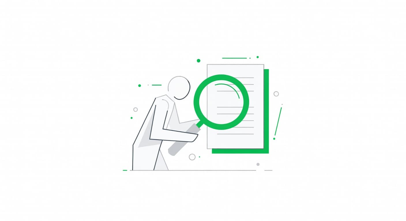 A stylized figure holds a large magnifying glass over a document, highlighting specific sections with a vibrant green glow. Clean geometric shapes and professional lines maintain a minimalist aesthetic throughout.