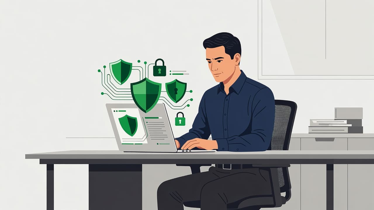 A focused professional sits at a clean desk using a laptop to review digital settings. Rich green accents highlight the interface elements against a minimalist and modern office background setting.