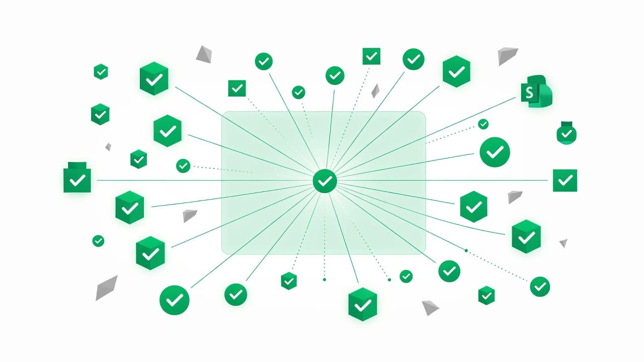 A vibrant illustration displays glowing green data nodes and sharp checkmarks floating against a clean white background. Geometric lines connect these digital markers, representing a thorough security scan and network oversight.