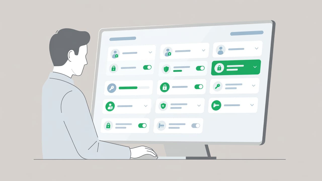 A stylized minimalist illustration shows a professional interface featuring green accents against a neutral background. The dashboard displays circular icons and geometric shapes representing various user permission settings and security access controls.