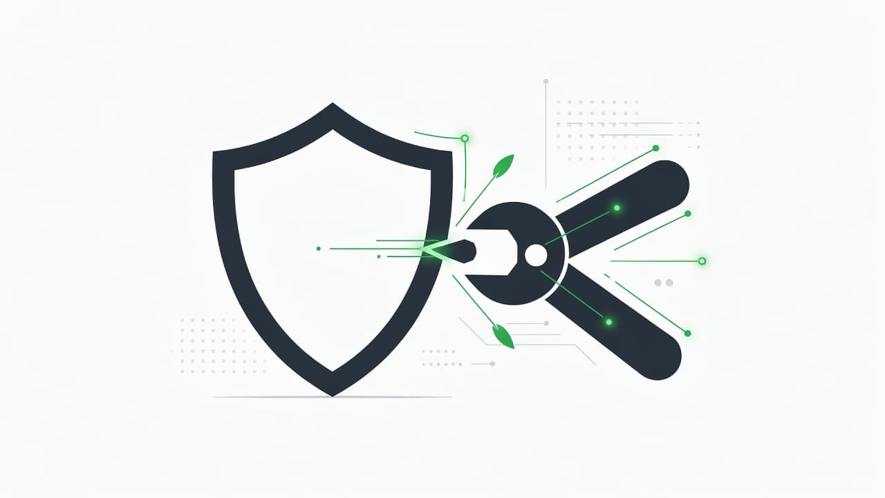 A minimalist graphic features a stylized shield icon paired with a precision adjustment symbol. Vibrant green accents stand out against a charcoal grey background to highlight successful system security adjustments.