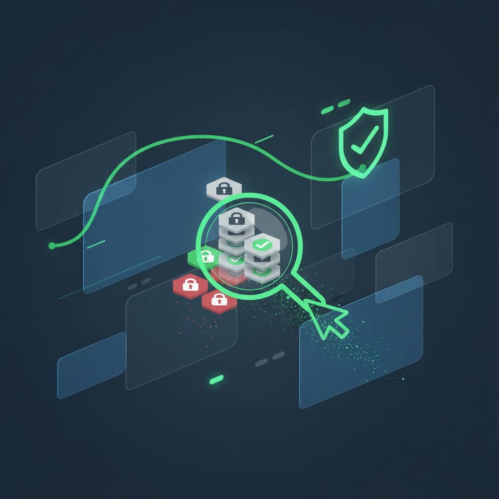 A minimalist graphic displays a magnifying glass hovering over a pile of glowing green permission badges. The professional illustration highlights the process of auditing and removing unnecessary application access rights.