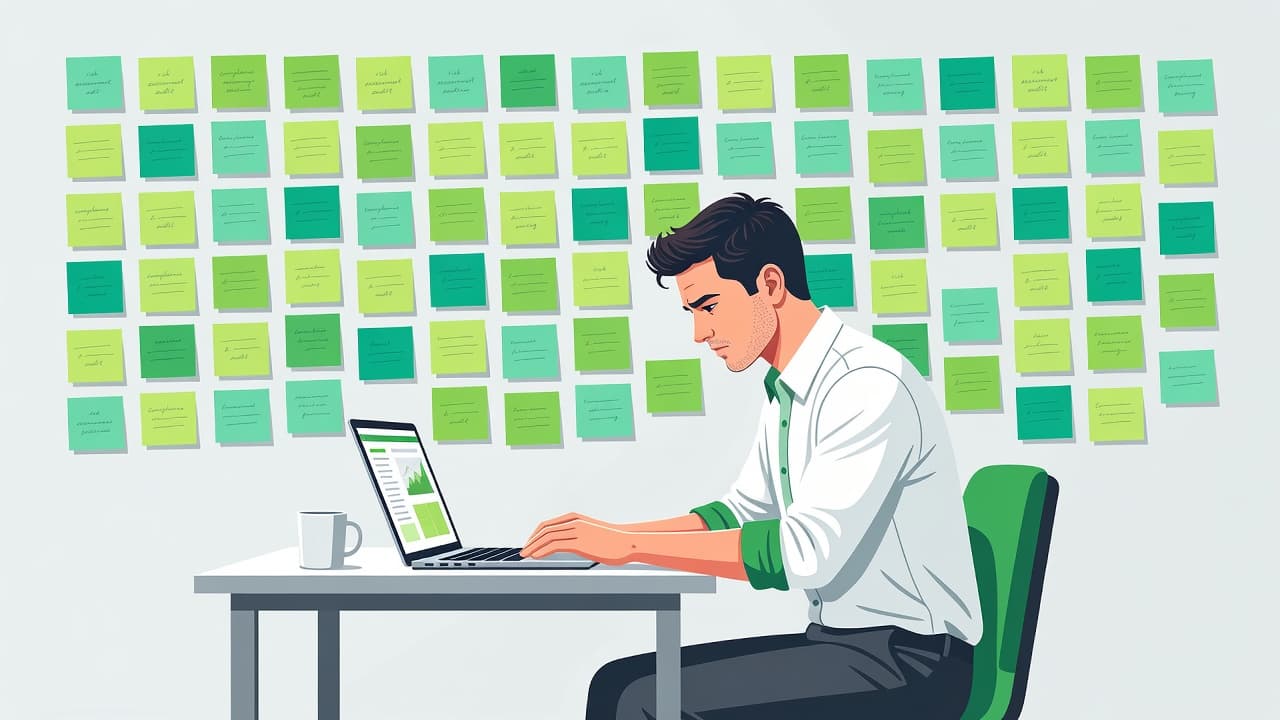 A focused founder sits at a minimalist desk with a laptop, examining a wall covered in organized sticky notes. The workspace features professional green accents representing growth and strategic security management.