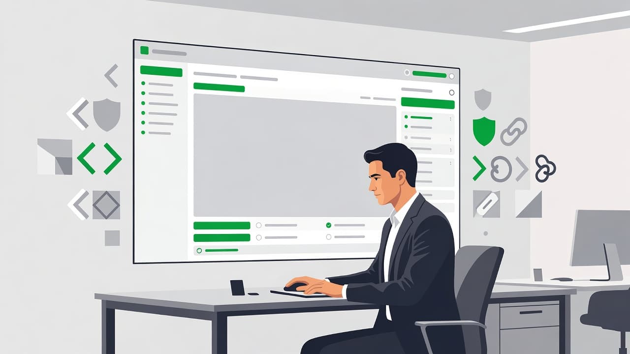 A professional illustration features a person reviewing a digital dashboard within a clean office. Vibrant green accents highlight data structures, emphasizing organized permission management and secure group access controls in workspace.