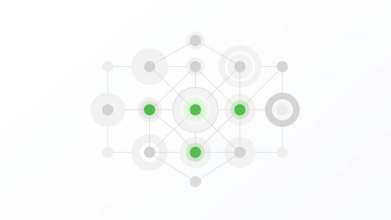 Interconnected nodes and circular layers form a structural network on a minimalist background. Thin gray lines link central leaf-green points, creating a balanced visual representation of organized hierarchical user access controls.