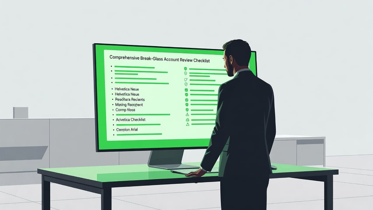 A professional stands before a large glowing monitor in a clean, minimal office space. The screen displays a digital security checklist with vibrant green accents highlighted against a dark background.