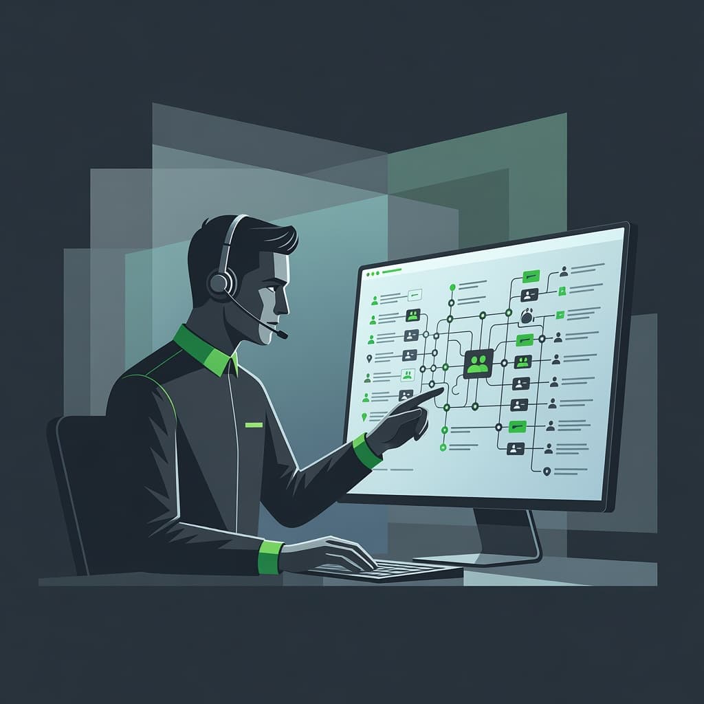 A digital professional monitors security settings on a glowing computer display. Crisp shapes and vibrant green accents highlight the complex dashboard used for managing organizational mailbox permissions and data access levels.
