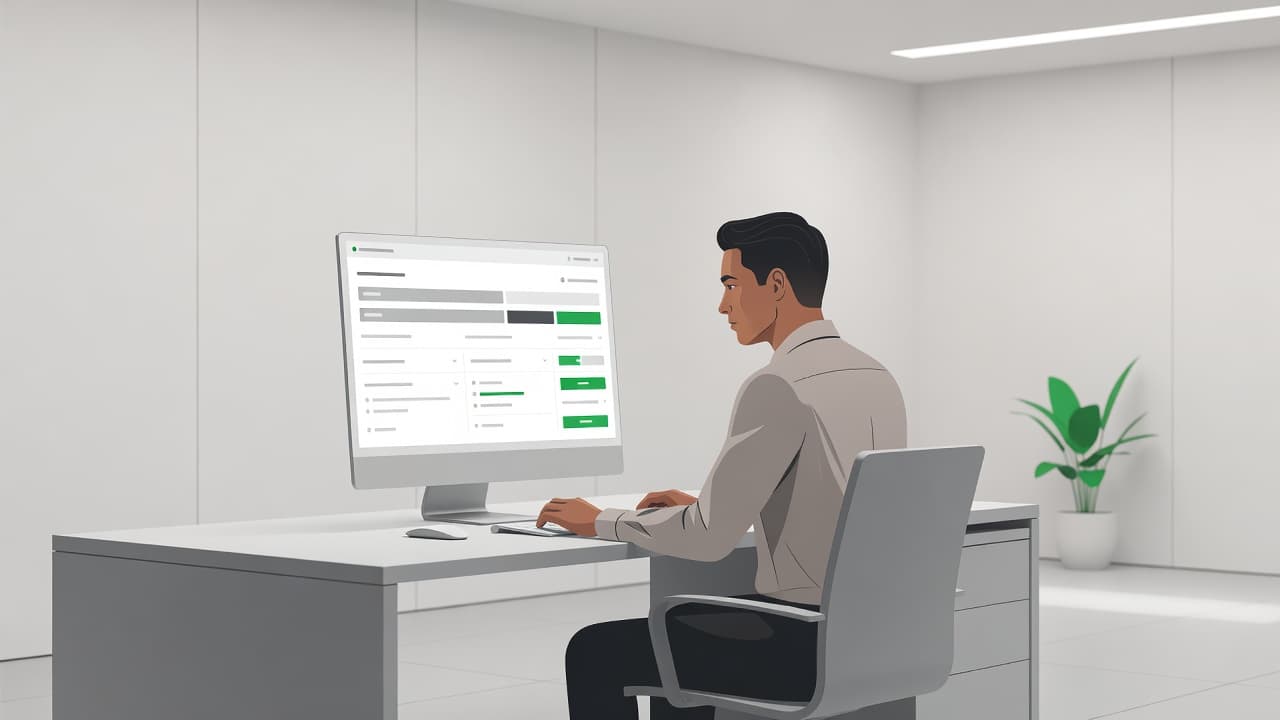 A person sits at a clean, modern desk reviewing digital permissions on a computer screen. A vibrant green desk lamp provides a sharp accent against the minimalist workspace and organized tech setup.