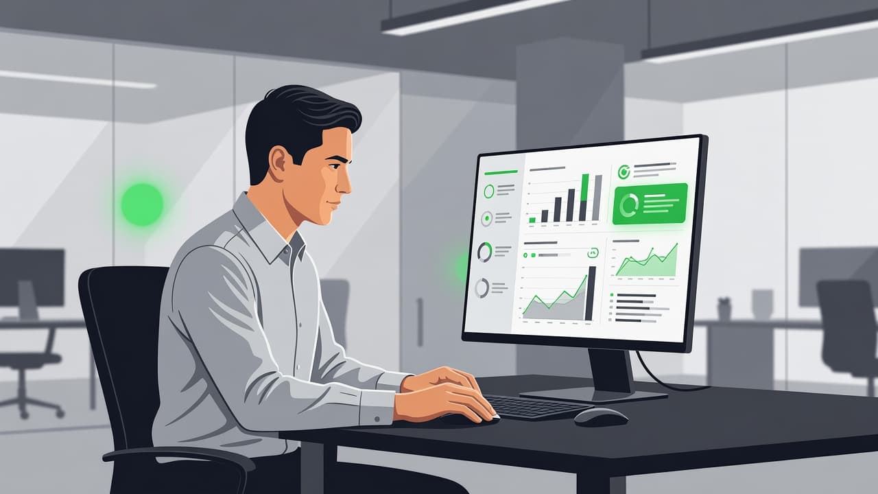 An IT worker sits before a glowing monitor displaying complex network security metrics. Sleek green geometric UI elements contrast against a dark background, highlighting the professional's focused analytical workflow.