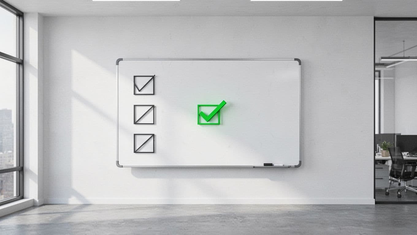 A floating digital checklist board displays various abstract geometric shapes against a minimalist white backdrop. A single active task is highlighted in vibrant green to denote a specific security audit step.