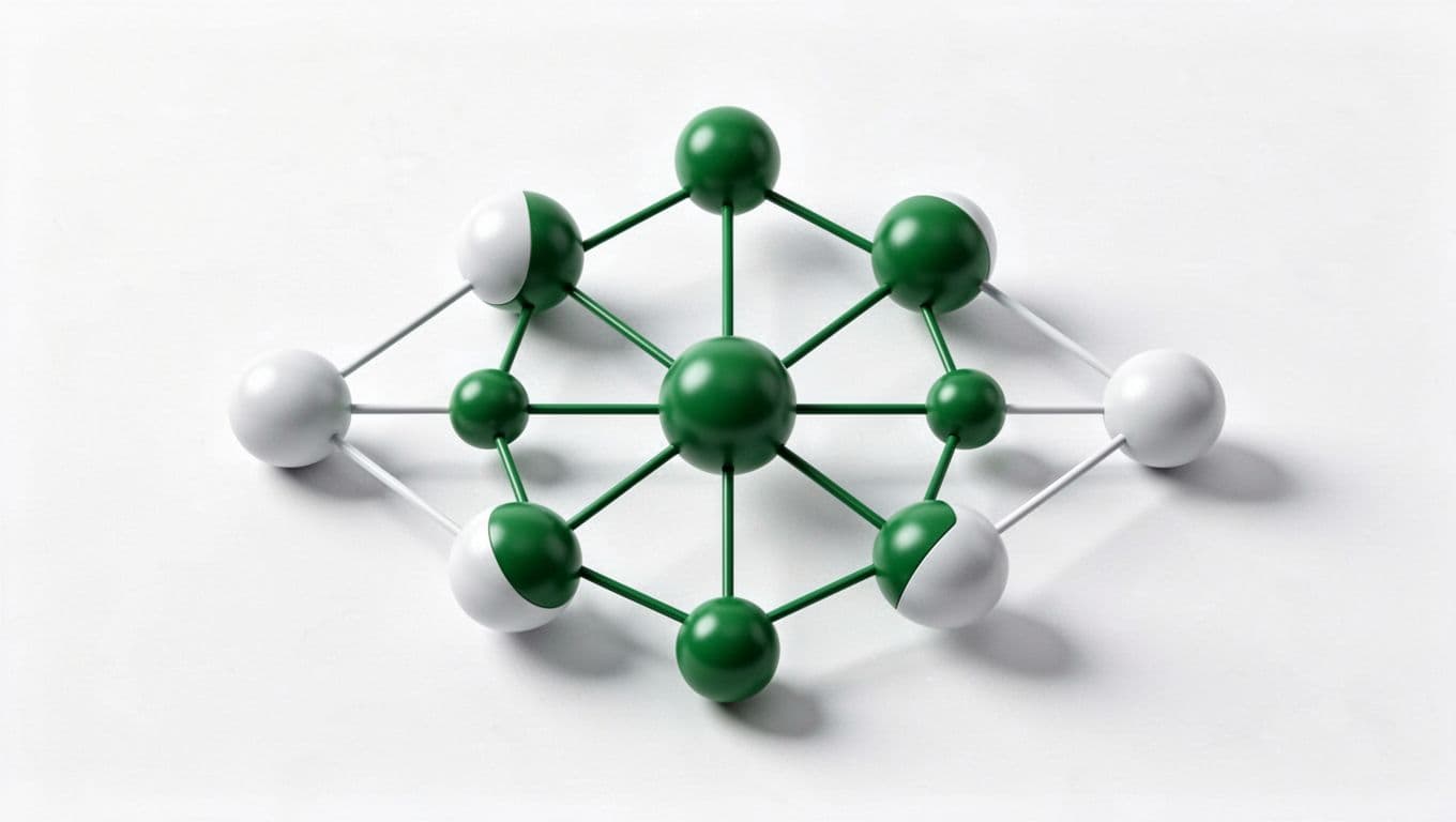 A minimalist diagram features geometric nodes interconnected by thin lines against a clean white background. Bold green highlights indicate central access points and hierarchy within this structured data visualization.