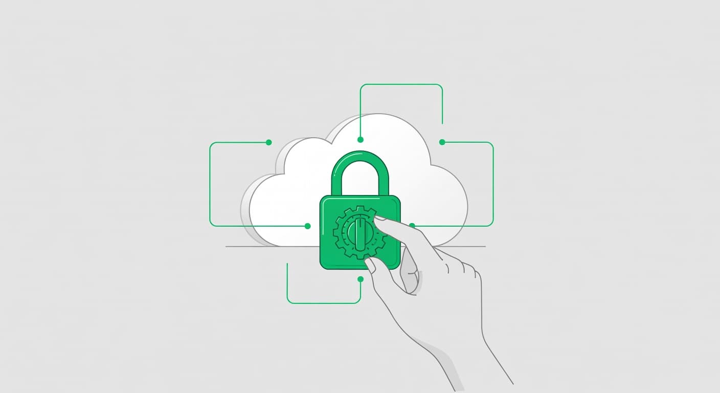 A minimalist database icon features a vibrant green digital lock being precisely adjusted by connection lines. This professional graphic symbolizes controlled access and the ongoing auditing of sensitive cloud-based information systems.