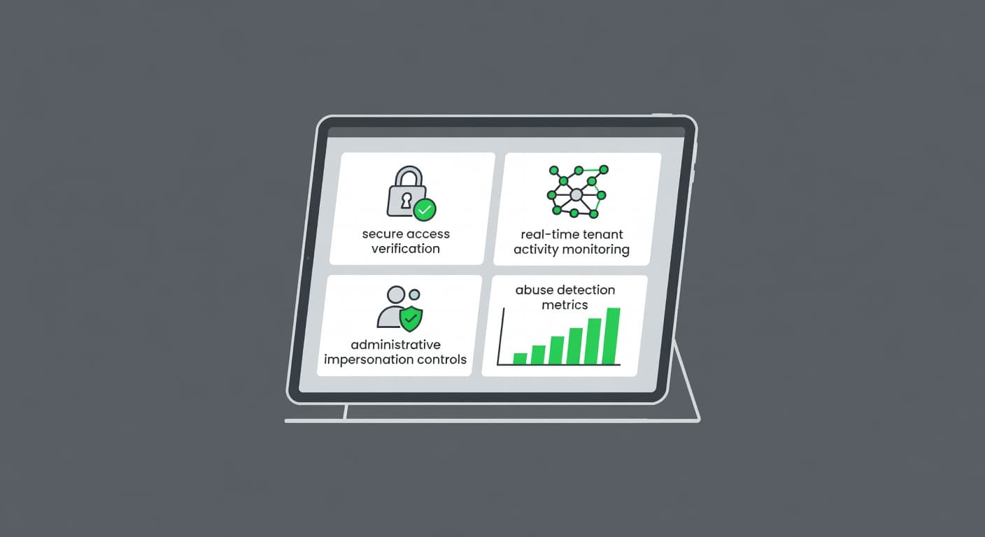 A digital tablet screen displays a minimalist security dashboard featuring geometric charts and stylized control icons. Bold green accents highlight key monitoring features against a professional, clean, and uncluttered interface design.