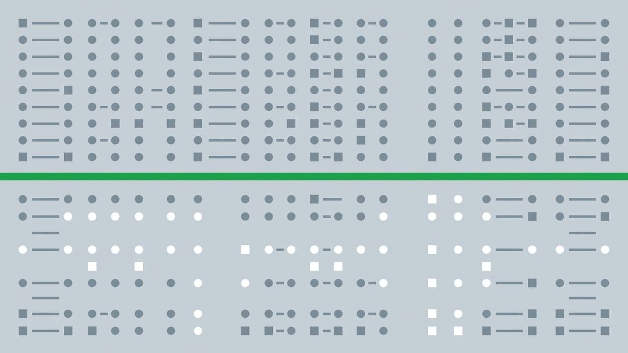 A minimalist digital interface displays organized geometric nodes connected by slender lines. A bold forest green partition separates protected data clusters from accessible areas, emphasizing structure and high-level digital security protocols.