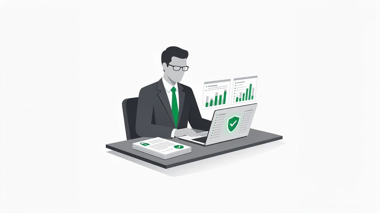 A focused professional sits at a minimalist desk viewing complex data on a laptop screen. The scene features bold green geometric accents and clean white lines against a stark neutral background.