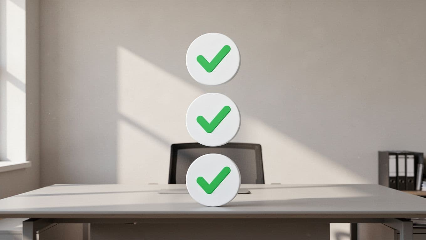 Three vertical circular icons with vibrant green highlights are arranged in a clean, minimalist sequence. The soft-focus office interior provides a professional backdrop for this structured task management illustration.