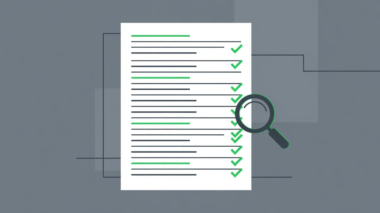 A minimalist vector graphic shows a structured checklist featuring charcoal gray lines and sharp white backgrounds. Vibrant leaf-green icons highlight organized verification steps beside a subtle magnifying glass inspection tool.