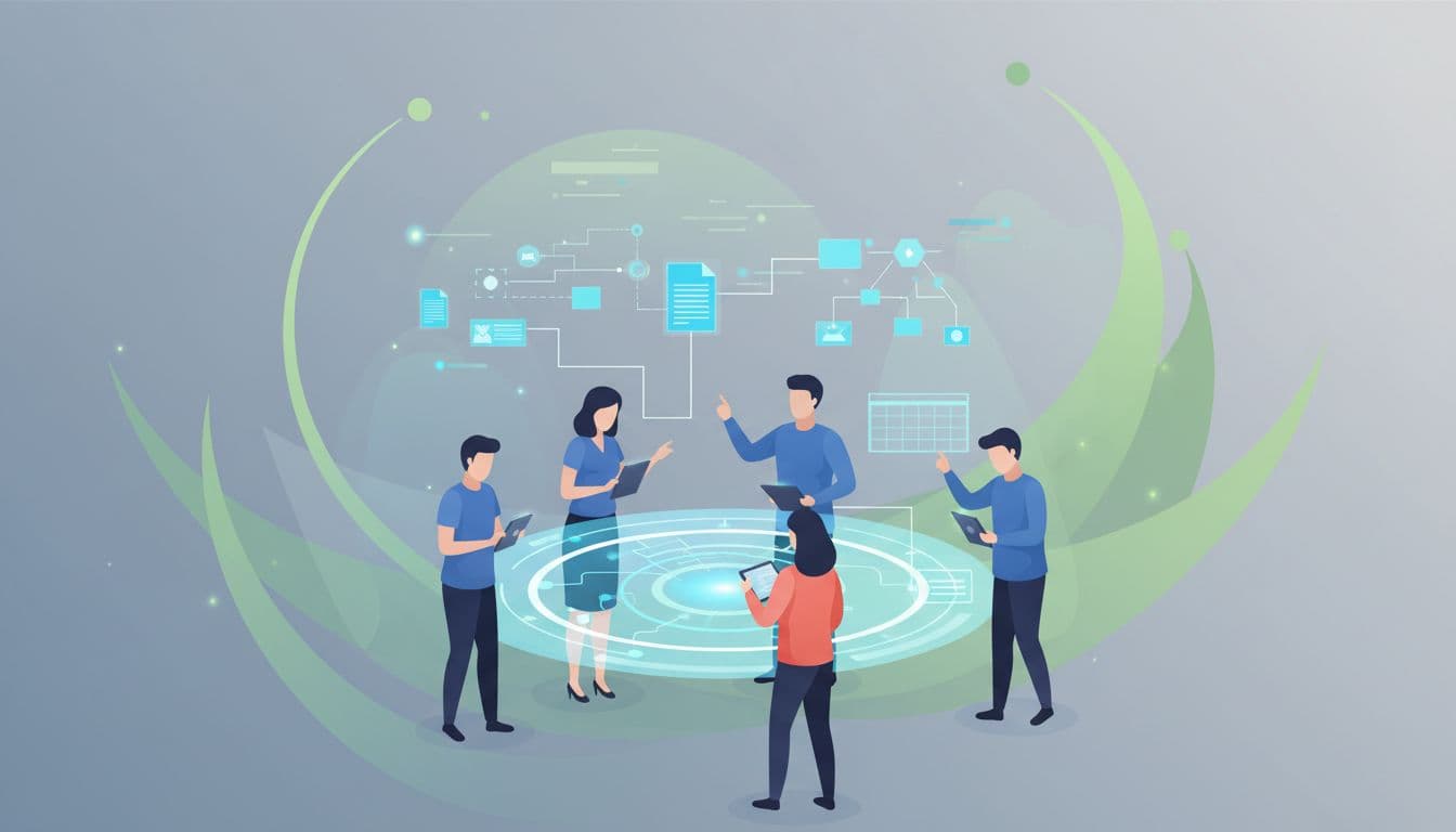 A diverse group of professionals gathers around a glowing digital interface, manipulating floating data nodes and virtual documents. The composition features sharp green accents against a soft, minimalist gray background.