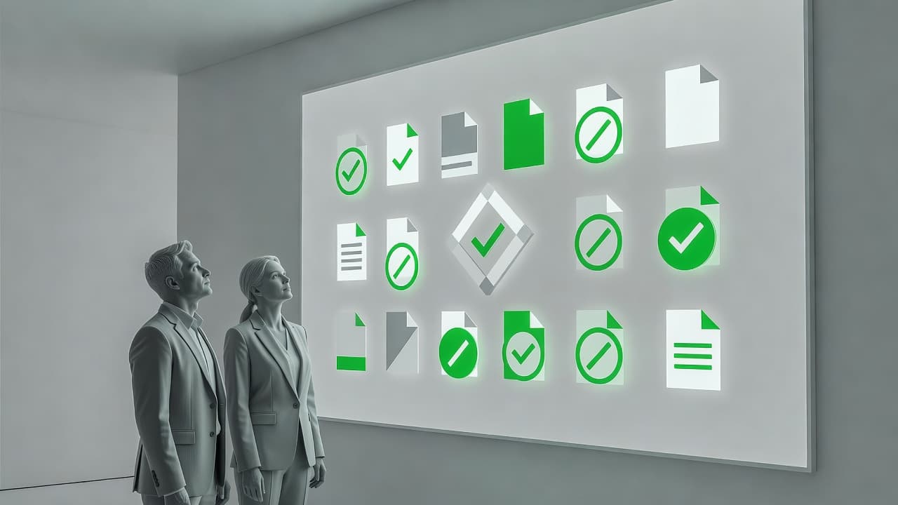 Two professionals stand before a large wall screen displaying abstract file icons and permission circles. The minimalist scene features sharp geometric shapes highlighted with vibrant green accents for professional clarity.
