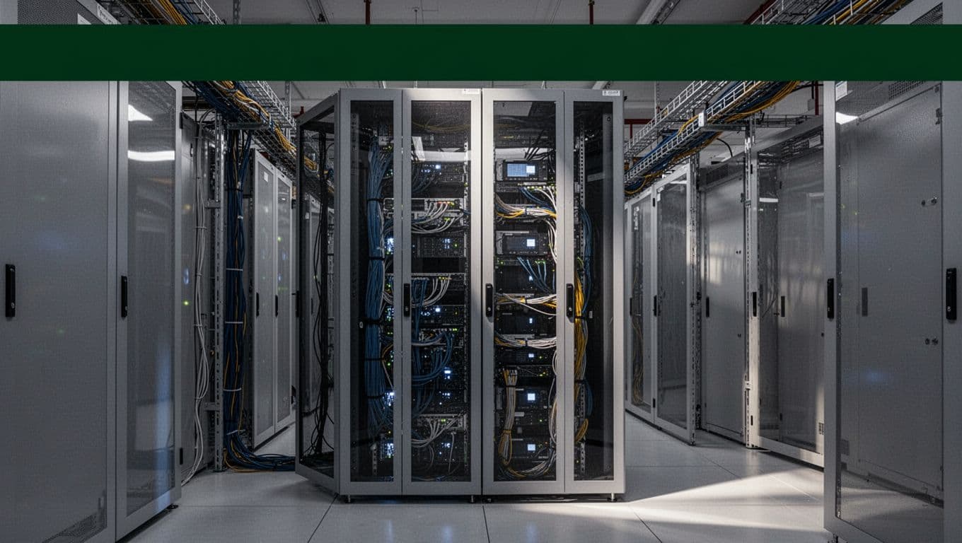 A server rack in a secure data center beneath an AUDIT COMPLIANCE banner.