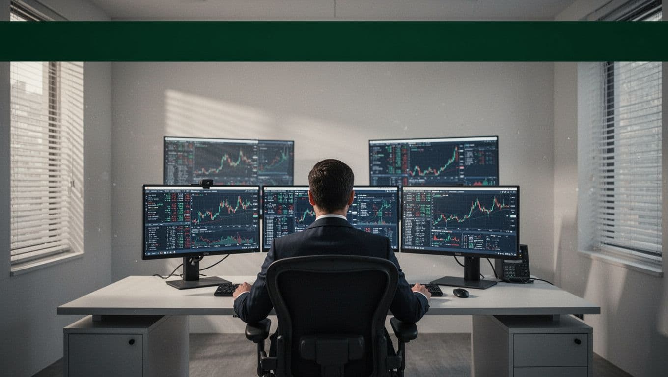 An analyst working in a secure banking operations center with green header text.