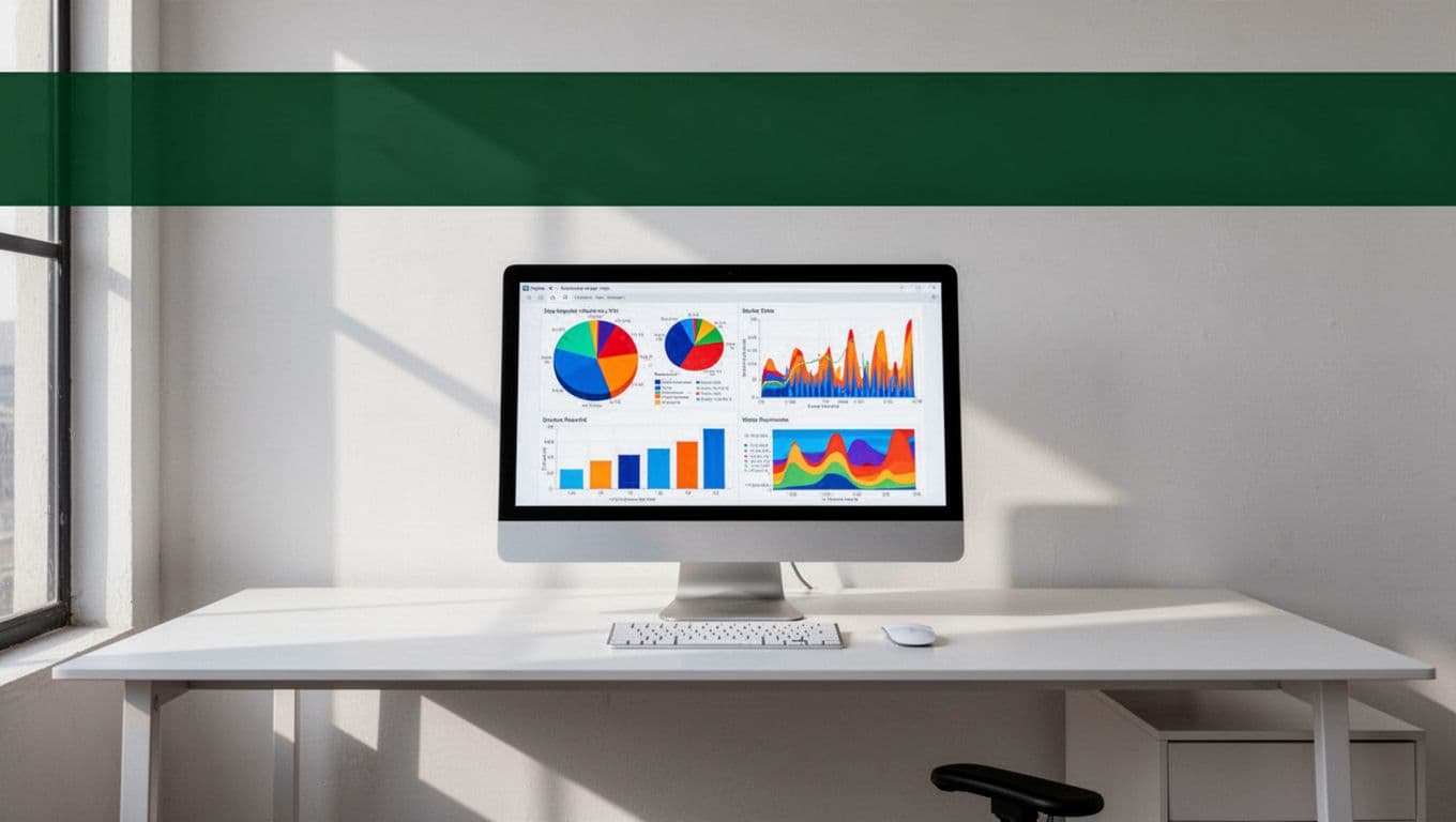 A dark green title banner above an office desk showing analytics charts on a monitor.