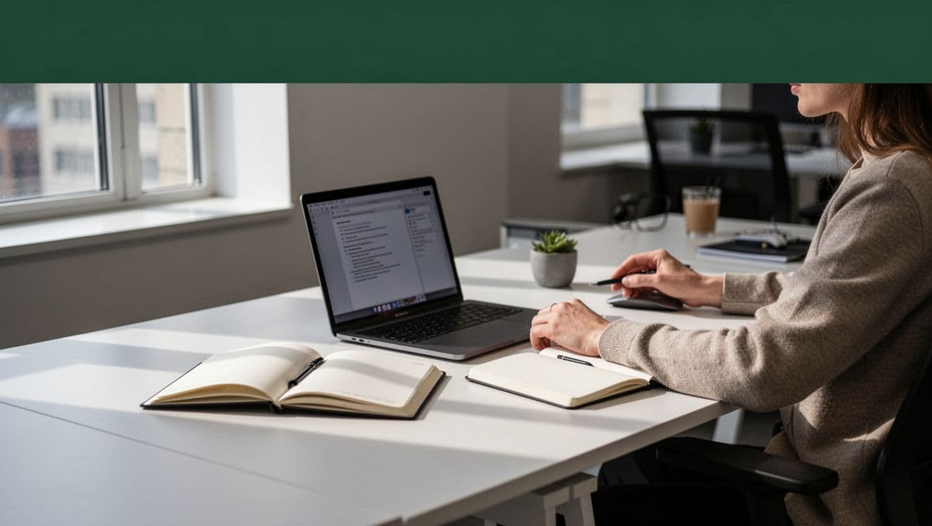 A laptop and notebook sit on an office desk beneath a green headline band.