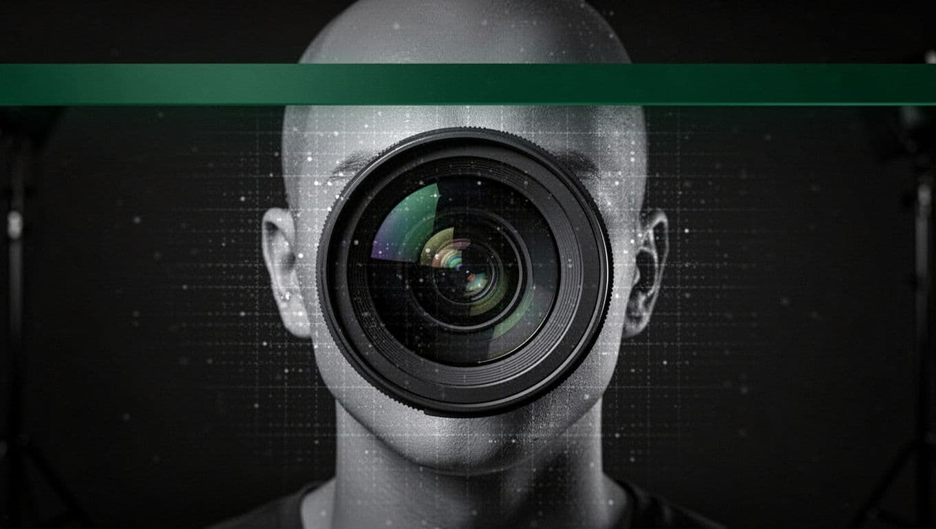 A modern camera lens and facial scanning grid in a dark studio.