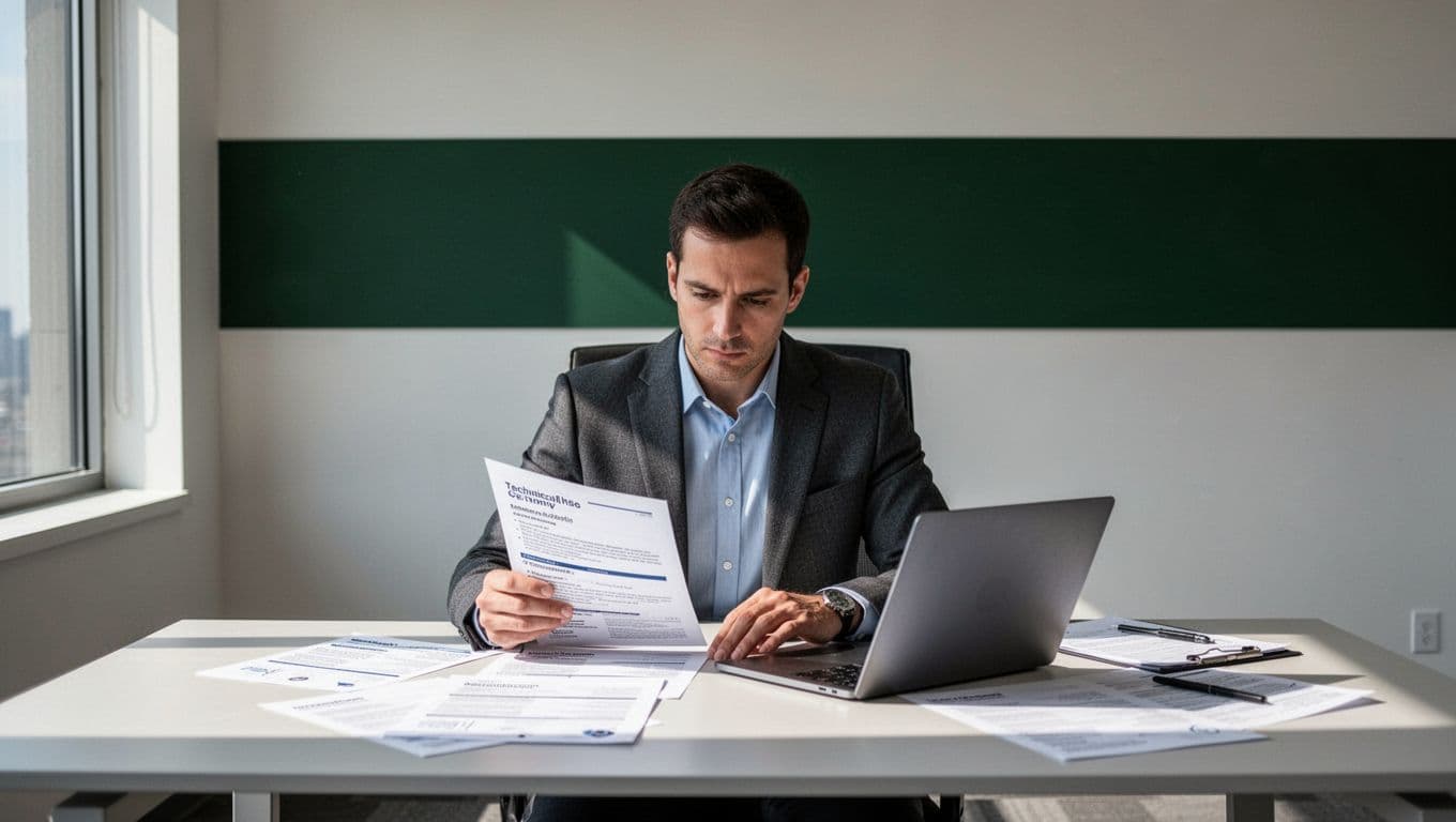 A tech professional reviews security resumes on a desk below a dark green headline band.