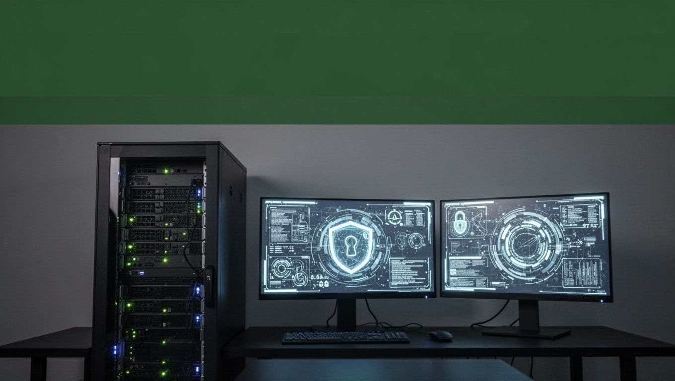 A minimalist tech workspace graphic with server racks, digital monitors, and a dark green accent band.