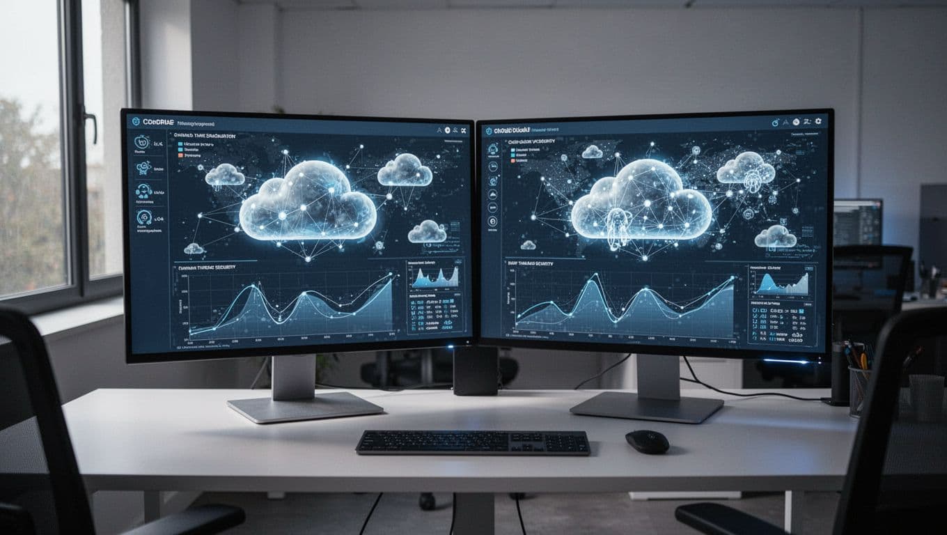 Dual monitors displaying a cloud security monitoring interface with a dark green header bar.