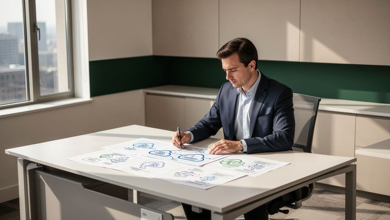 An IT professional reviewing cloud security diagrams on dual monitors.