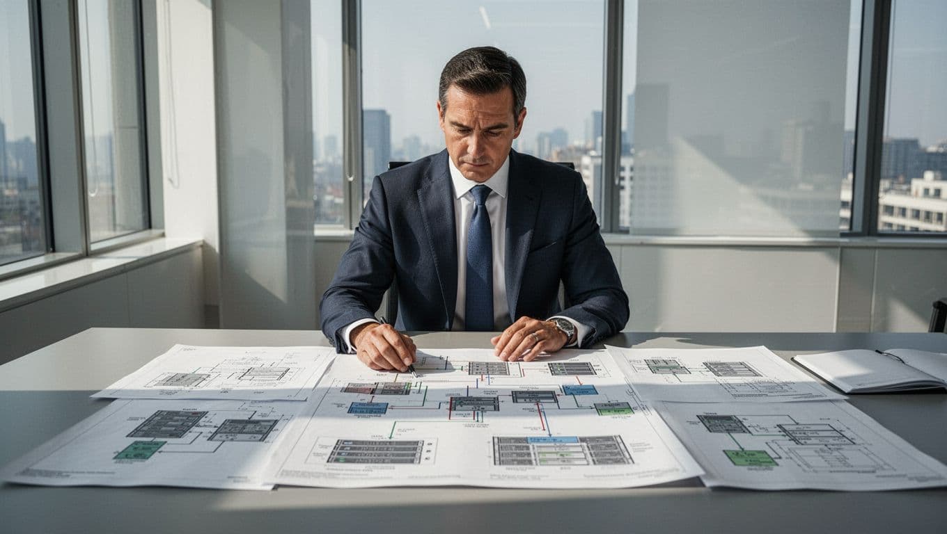 An executive reviews server diagrams at a desk beneath a green leadership banner.
