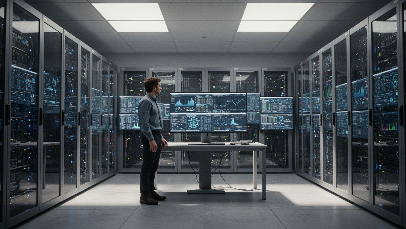 An IT technician monitors server activity on large glowing screens in a modern security center.