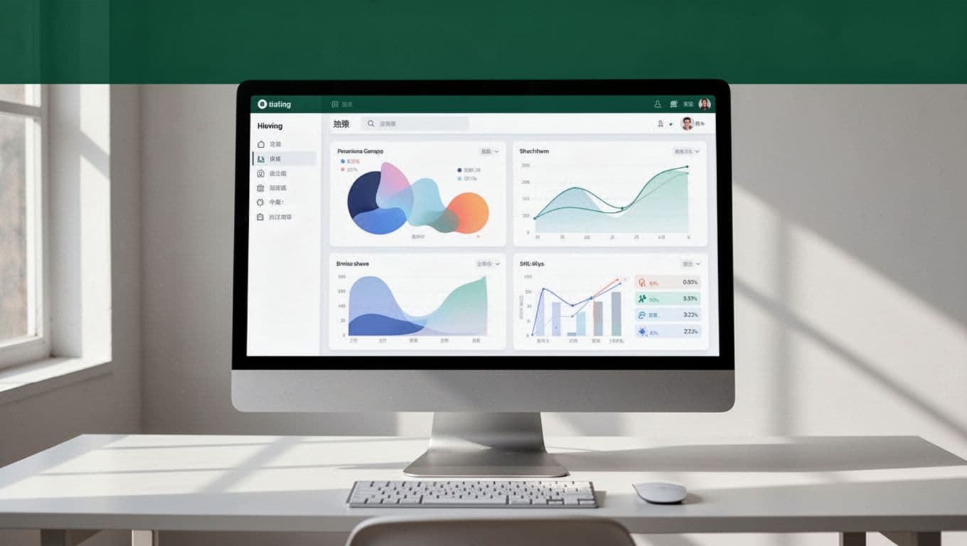 A computer monitor displays analytics charts on a minimalist desk below a headline band.