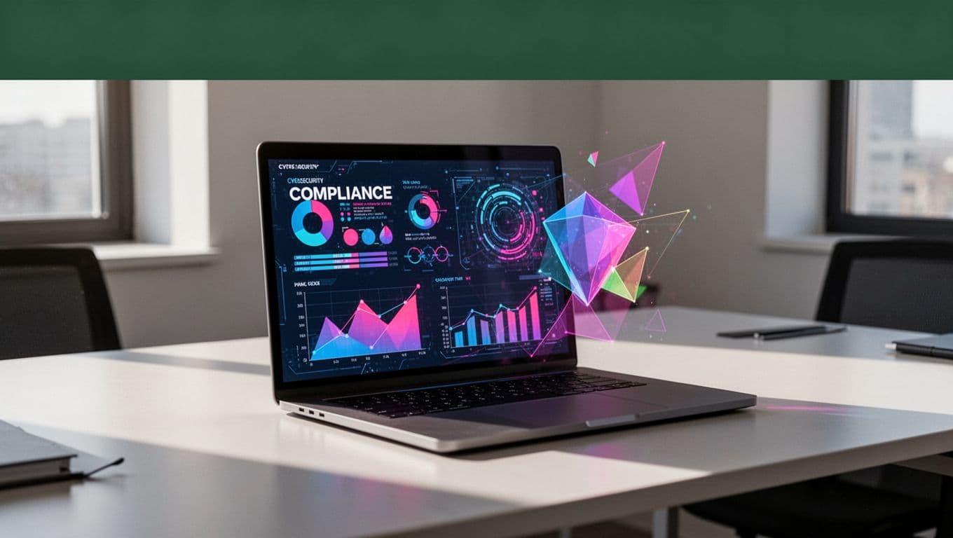 A laptop showing cybersecurity metrics on a desk beneath a green headline band.