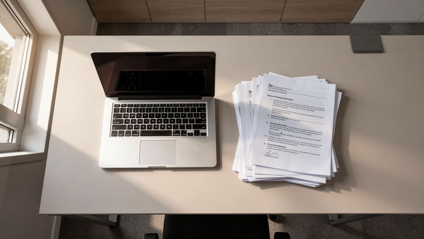 An overhead view of a modern desk with a laptop below a dark green compliance readiness banner.